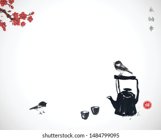 Old teapot, little birds and sakura blossom. Traditional oriental ink painting sumi-e, u-sin, go-hua. Hieroglyphs - eternity, freedom, happiness, zen.