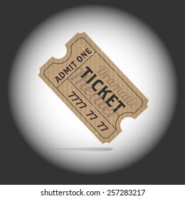 Old teathre ticket in projector light. Vector illustration.