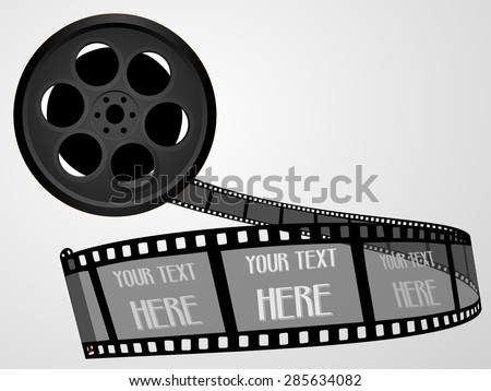 Old technology concept - black color 55mm twisted movie film strip . Cinema film roll with space for text. Realistic retro 3d design, vector art image illustration, isolated on white background, eps10