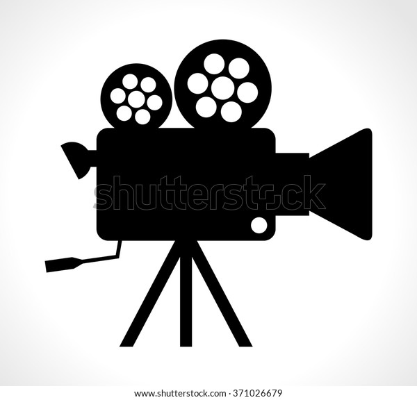 Old technology device - cinema video camera\
with film reel web icon. Vintage movie cam - black silhouette\
design. Retro cinematography sign, vector art image illustration,\
isolated on white\
background
