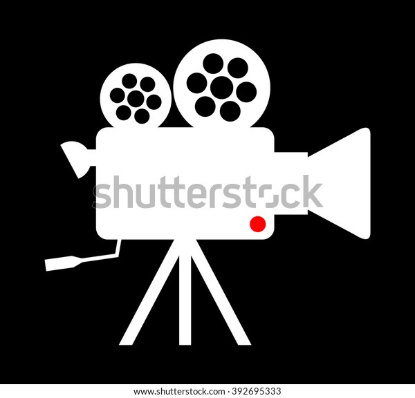 Old technology device - cinema video camera\
with film reel web icon. Vintage movie cam - white silhouette\
design. Retro cinematography sign, vector art image illustration,\
isolated on black\
background