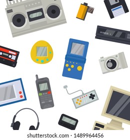 Old Technology Devices Vector Pattern. Illustration Of Old Cassette Tapes, Computer, Players And Photo Camera. Nostalgic 80 S-90 S Technology Devices Isolated On White.