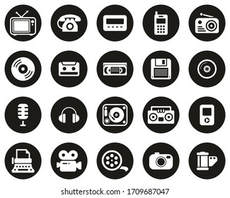 Old Technology Icons White On Black Flat Design Circle Set Big