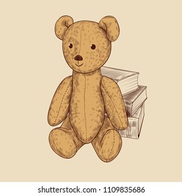 
Old teddy bear  with the background of old books.Vintage vector illustration. Sketch.Retro illustration.