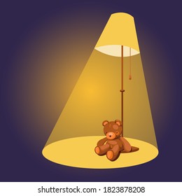 Old teddy bear sit on the floor under the lamp. Old toy. Vector illustration.
