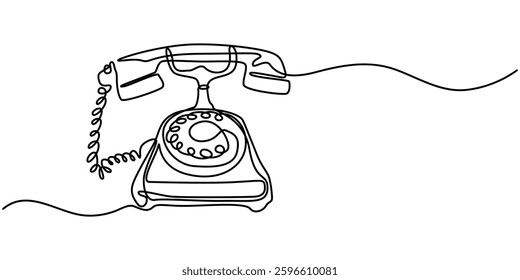 Old telephone continuous one line art drawing of outline vector illustration design, Continuous Line Drawing Of Rotary Telephone. One Line Of Old Telephone. Telephone Rings with Handset minimalist.
