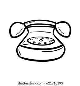 Old telephone with hanset and rotary dial. Retro devices in doodle style. Black hand drawn vector illustration isolated on white.