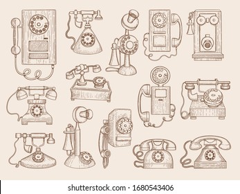 Old telephone. Retro gadgets communication phones vector collection