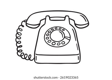 old telephone or retro telephone icon doodle hand drawn. Outline drawing vintage telephone line clipart symbol. Vector illustration