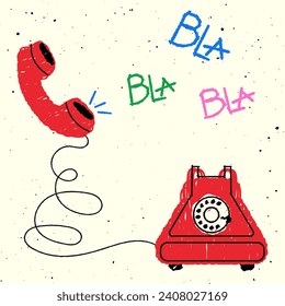 Old telephone in scribble style. Vector illustration of naive art with scuff marks.