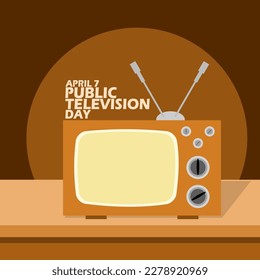 An old television set on a brown table and bold text on brown background to commemorate Public Television Day on April 7