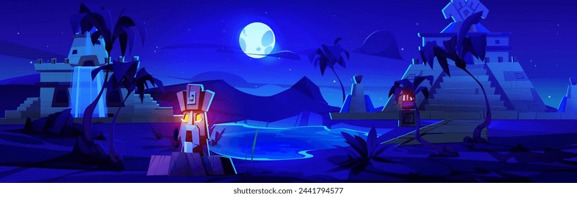 Old temple in Egypt desert landscape at night. Ancient architecture and palm tree near oasis lake. Tiki or arab palace under stars in blue sky. Mythology traditional nature and archeology scene