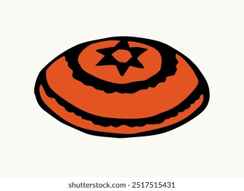 El viejo templo yom kippur étnico shofar chico plana cubierta de kippot blanco viste tela azul tallit bar bless. Línea negra dibujada boceto vista superior antiguo talit kipah arte gráfico dibujar estilo logo icono diseño de signo