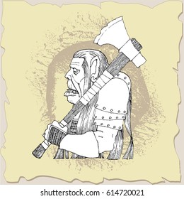 Old terrible orc with an axe against the background of old papyrus.Vector sketch for tattoo.