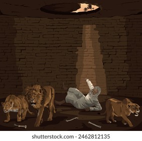 Imagen de la Biblia del Antiguo Testamento mostrando leones arrastrándose mientras Daniel golpea el piso de la guarida del león, mientras la piedra rodaba sobre la entrada. 