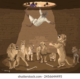 Ilustración bíblica del Antiguo Testamento que muestra a Daniel siendo arrojado a la guarida de los leones al atardecer mientras el rey Darío mira.