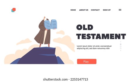 Old Testament Biblical Stories Landing Page Template. Moses Stand On Mountain With Ten Commandments. Prophet Moses Character Demonstrate To People Of Israel Stone Tablets. Cartoon Vector Illustration