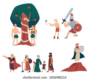 Old testament narratives set with biblical personages, flat vector illustration isolated on white background. Bible scenes of Christianity and Judaism religions.