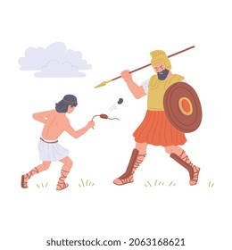 Old Testament, torah or bible male characters of David and Goliath in fight, flat vector illustration isolated on white background. Bible story of David and Goliath.