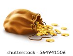 Old textile sack purse filled gold coins money spilled from open vintage with lace vector illustration. Isolated white background