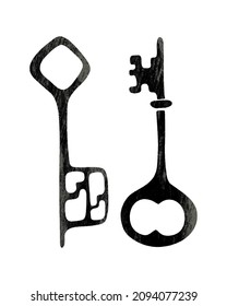 Old texture keys with scratches and scuffs, vintage, tracing, worn texture, hand drawn doodle style, isolated, white background. Vector illustration