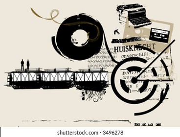 old textured grunge vector background with cassette typewriter and silhouette people