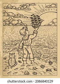 Old textured illustration of little boy standing on a seashore and holding handmade sailboat against rising sun.  Vector vintage drawings, marine concept, coloring book page, t-shirt graphic 