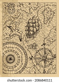 Old textured illustration of old map with sailboat, gull, unknown lands and islands, compass and wind rose. Vector vintage drawings, marine concept, coloring book page, t-shirt graphic 