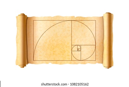 Old textured papyrus scroll with golden ratio proportions scheme isolated on white