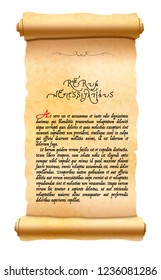 Old textured papyrus scroll with latin text without any sense on white