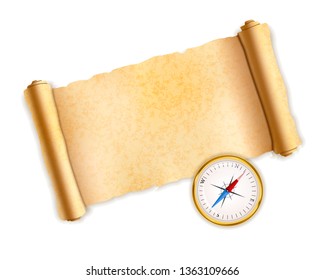 Old textured scroll with vintage glossy golden compass isolated on white