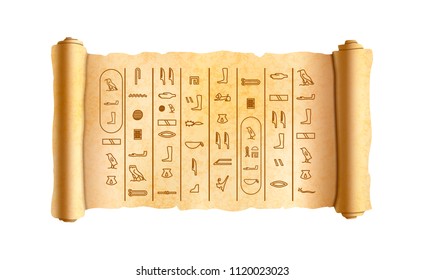 Old textured wide papyrus scroll with ancient egypt hieroglyphics isolated on white