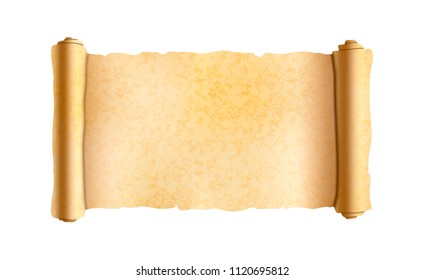 Old textured wide papyrus scroll isolated on white