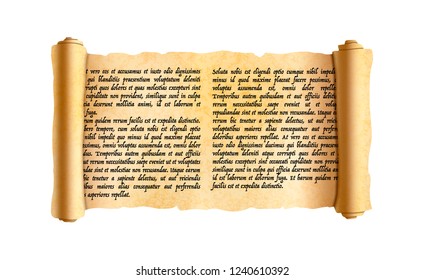 Old textured wide papyrus scroll with ancient latin text without any sense on white