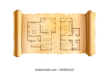 Old textured wide papyrus scroll with architect house plans isolated on white