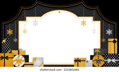 old theatre style frame with piles of presents and snow ornaments