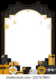 old theatre style vertical frame with piles of presents and snow ornaments