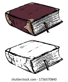 Viejo libro grueso. Ilustración vectorial dibujada a mano. Conjunto de dibujos de contorno y color aislados en blanco. Grabado de vintage, boceto de tinta. Elementos para el diseño, tarjeta, impresión, pegatina, patrón, pancarta, decoración.