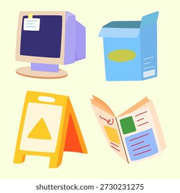 Icono de las cosas viejas de la computadora, del producto lácteo, de la muestra mojada del piso, y del periódico de gran uso para el propósito de los recursos gráficos