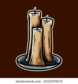 old three candles isolated colored drawing line art style sketch classic vintage design illustration