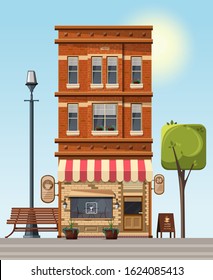 Old three-story house with a cafe on the ground floor. Old-fashioned cafe. Vintage style restaurant facade. European street with vintage house and cozy cafe. Vector illustration