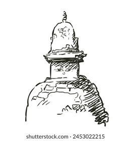 Old Tibetan Buddhist stupa isolated, hand drawn vector illustration, Buddhism religious symbol freehand sketch
