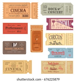 Old tickets for movie hall and theater, cinema and rock concert, circus and theatre, entertainment and performance passes on paper with numbers. Premiere and festival label, show or film coupon