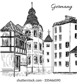 Old tile houses, Germany, Europe, Vector hand drawn illustration, ink engraved urban sketch isolated on white, Historical building line art, Vintage decorative postcard template with german manson