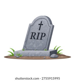 Old tilted gravestone with RIP on cemetery. Vector illustration