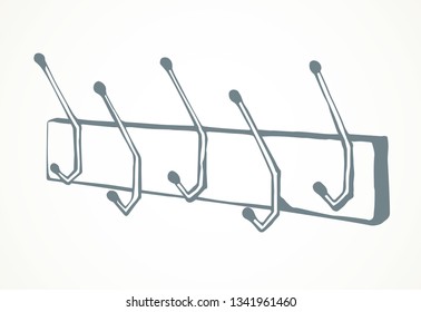 Old timber bath peg plank panel decor on white hall backdrop. Outline black ink hand drawn decoration object logo emblem in retro art doodle cartoon style on space for text. Closeup holder pictogram