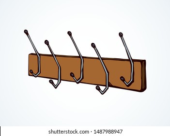 Old timber bath peg plank panel decor on white hall backdrop. Outline black ink hand drawn decoration object logo emblem in retro art doodle cartoon style on space for text. Closeup holder pictogram