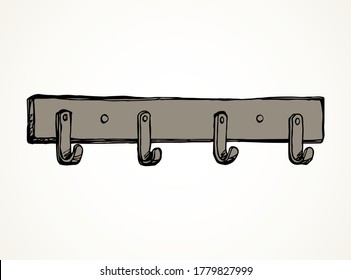 Old timber bath peg plank panel decor on white hall backdrop. Outline black ink hand drawn decoration object logo emblem in retro art doodle cartoon style on space for text. Closeup holder pictogram