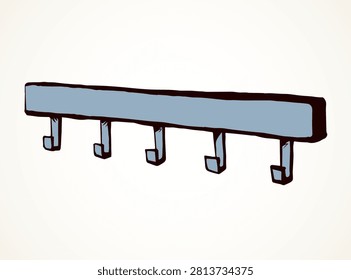 Old timber bath peg plank panel decor on white hall backdrop. Outline black ink hand drawn decoration object logo emblem in retro art doodle cartoon style on space for text. Closeup holder pictogram