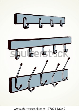 Old timber bath peg plank panel decor on white hall backdrop. Outline black ink hand drawn decoration object logo emblem in retro art doodle cartoon style on space for text. Closeup holder pictogram